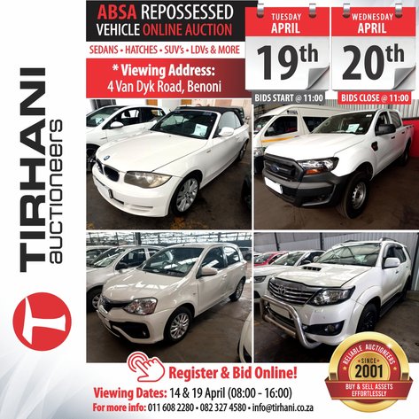 Image for ABSA REPOSSESSED VEHICLES ONLINE AUCTION (VAN DYK ROAD BENONI)